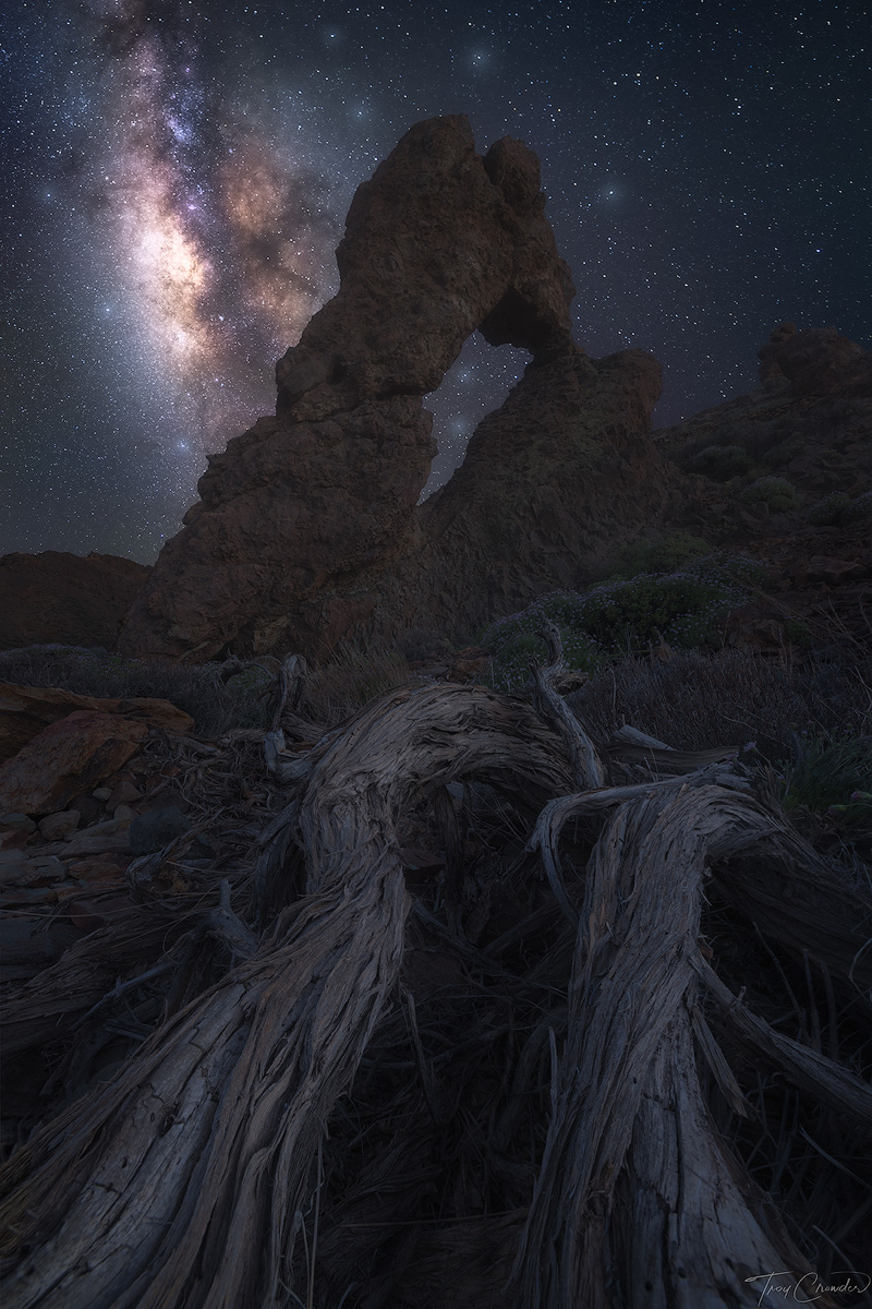 The milky way rises over the Queen's Slipper in Teide National Park.